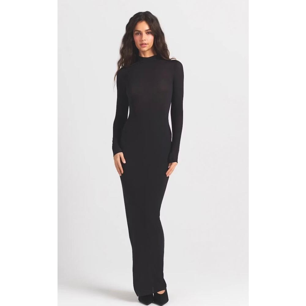 NWT SKIMS Fits Everybody Crew Neck Long Sleeve Dress Onyx Black XS